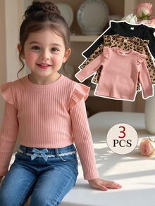 3pcs Young Girl 4-8Y Streetwear Ruffle Leopard Rib-Knit Long Sleeve Cozy Fleece Hoodies Tops Tees School Outdoor Play Fall Winter - Multicolor - View 1