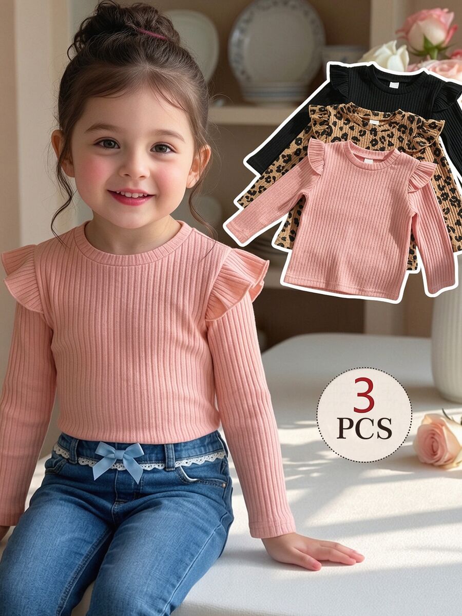 3pcs Young Girl 4-8Y Streetwear Ruffle Leopard Rib-Knit Long Sleeve Cozy Fleece Hoodies Tops Tees School Outdoor Play Fall Winter - Multicolor - View 1