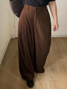 Dazy Plus Solid Color Corduroy Belt Curved Leg Casual Vacation Autumn/Winter Long Pants - Brown - View 5