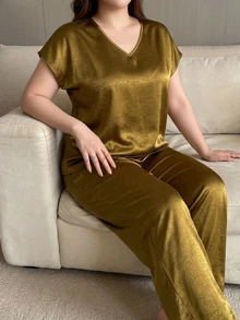 Dazy Plus Satin Loose Elegant Long Pants Loungewear 2-Piece Pajama Set - Yellow - View 5