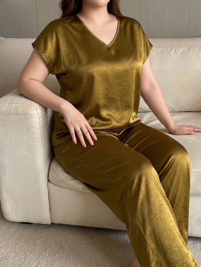 Dazy Plus Satin Loose Elegant Long Pants Loungewear 2-Piece Pajama Set