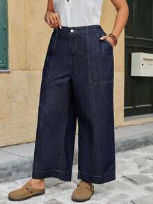 SHEIN MOD Plus Size Women's Casual Daily Travel Denim Jeans With Pockets - Dark Wash - View 3