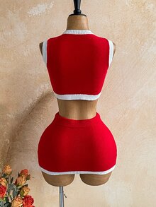 Soleia Women's Bow Pattern Top And Mini Skirt Fashion Knit Two Pieces Set - Red - View 2