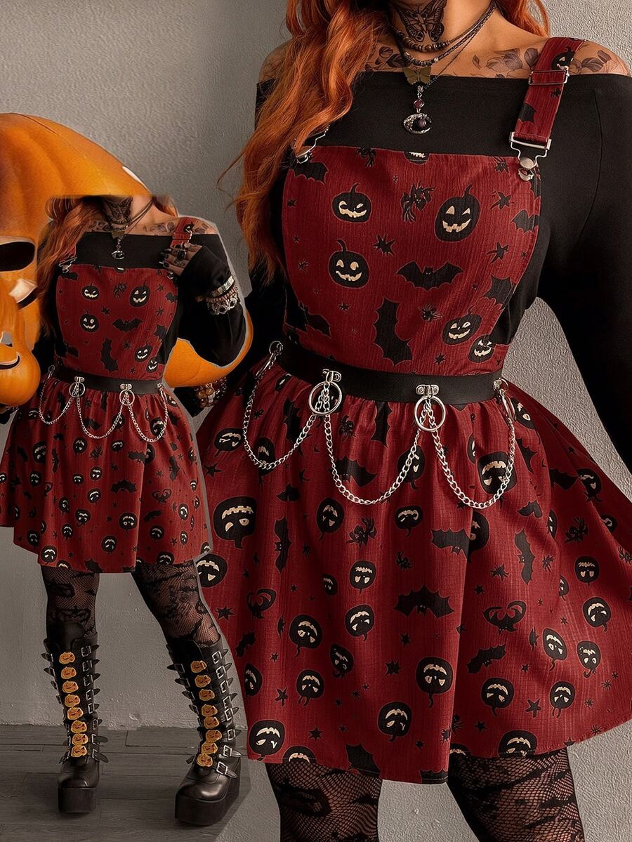 SHEIN Whyspr Plus Size Halloween Print Spaghetti Strap Dress - Multicolor - View 1