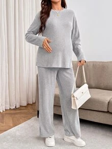 SHEIN 孕婦純色圓領長袖T恤與可調腰長褲休閒兩件套 - 灰色 - 查看 7
