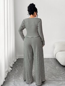 Elenzga 大尺碼女款條紋方領長袖T恤與寬腿褲休閒兩件套 - 綠色 - 查看 2