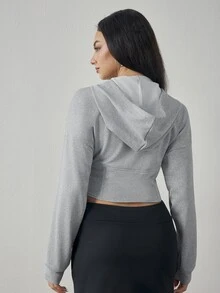 Cévolie Women's Solid Color Long Sleeve Zip-Up Hooded Drawstring Sports Jacket - Grey - View 2