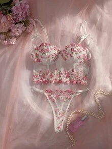 Crystal Vow 2件組 酒紅色玫瑰刺繡鋼圈內衣與內褲套裝 女款 - 粉色 - 查看 1