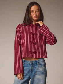 Athîral Women's Casual Burgundy Striped Frog Button Shirt, Suitable For Autumn Wear, Business Casual Or Professional Style - Burgundy - View 5