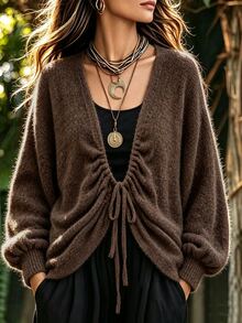 Breezaya Women's Solid Color Deep V-Neck Front Tie Long Sleeve Loose Casual Sweater - Brown - View 1