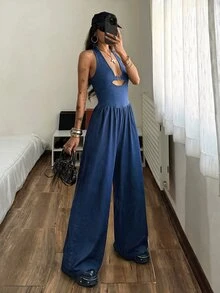 StreetHx Women's Deep V-Neck Buckle Design Sexy Halter Wide Leg Denim Jumpsuit - Blue - View 5