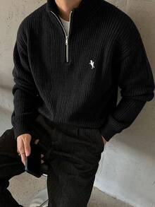 Manfinity Homme Men's Fall Embroidered Minimalist All-Match Casual Daily Wear Design Dropped Shoulder Fitted Long Sleeve Versatile Sweater Pullover Vacation Airport Black - Black - View 1