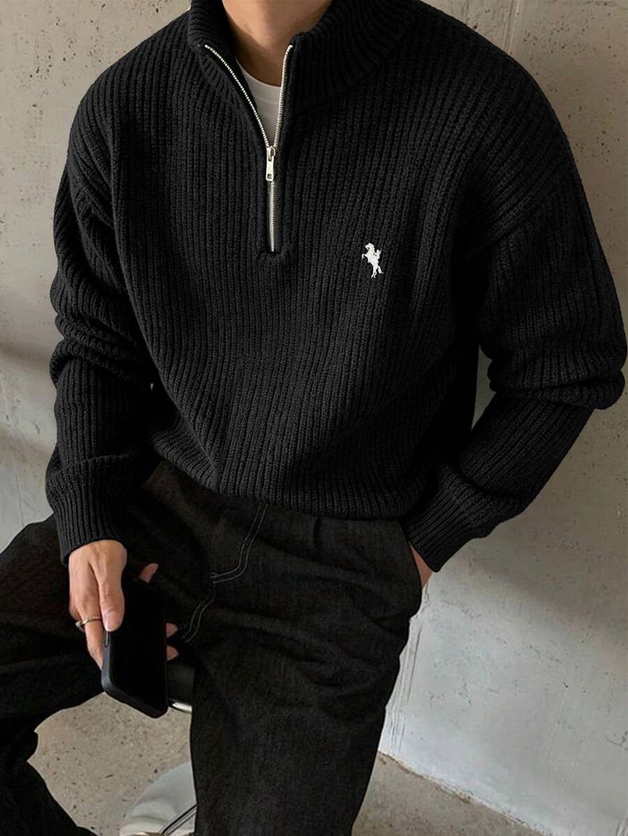 Manfinity Homme Men's Fall Embroidered Minimalist All-Match Casual Daily Wear Design Dropped Shoulder Fitted Long Sleeve Versatile Sweater Pullover Vacation Airport Black - Black - View 1