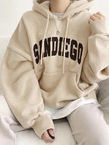 DAZY Women's Letter Print Drop Shoulder Long Sleeve Pocket Drawstring Hooded Regular Fit Sweatshirt - Apricot - View 7