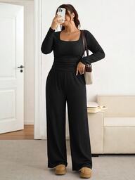 Lounesse Plus Size Women Solid Color Square Neck Long Sleeve T-Shirt And Pants Casual 2 Pieces Set Casual Daily Going Out 2 Pieces Sets Casual School Outfit Set