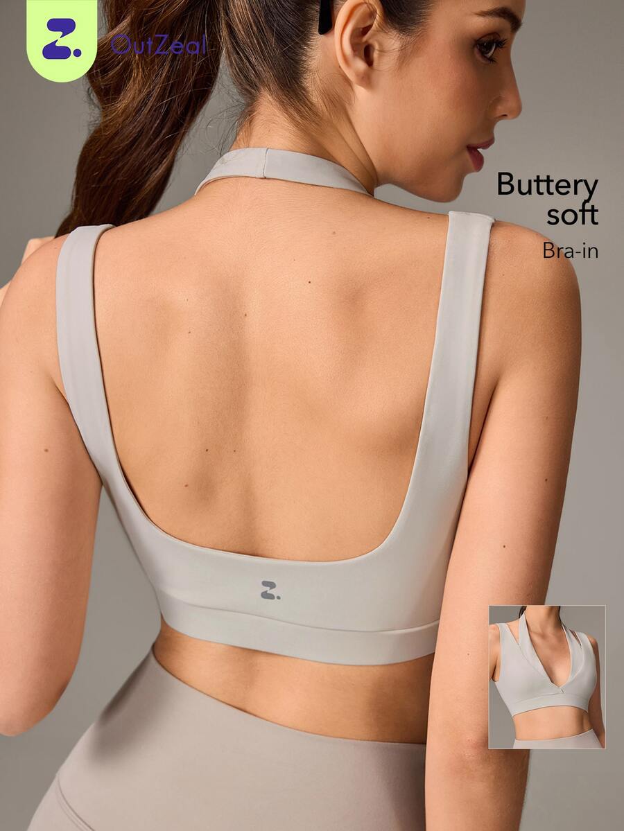 OutZeal Women Sports Bra Gym Workout Yoga Quick-Dry Bra-In Deep V Halter-Neck Bra - Light Grey - View 1