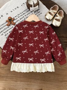 SHEIN Infant Girls Christmas Long Sleeve Top, Gingerbread Man & Bowknot Pattern Lace Ruffle Hem Blouse - Burgundy - View 2