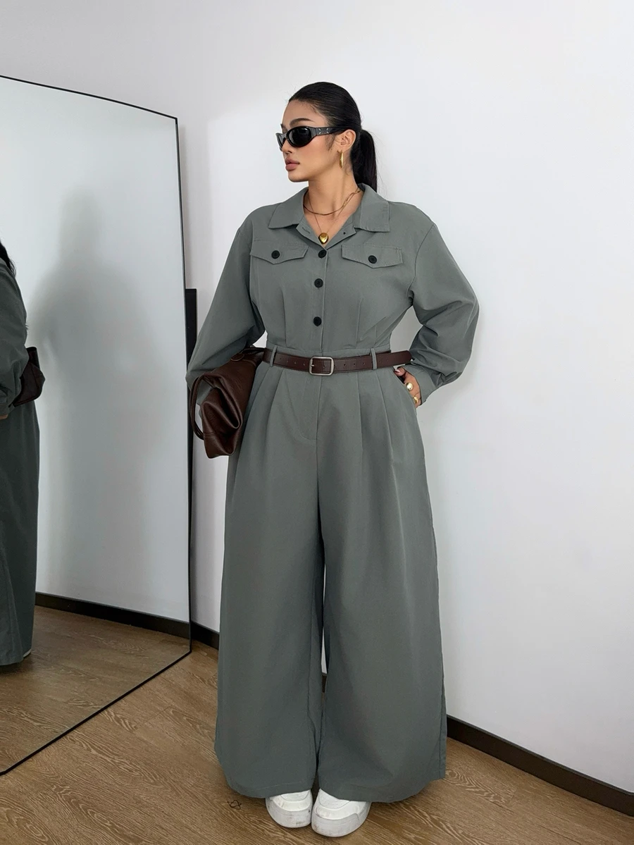 POPSWAY Jumpsuit utility casual nữ size lớn màu trơn tay dài cài nửa nút - Màu xanh bụi bặm - Xem 1