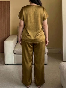 Dazy Plus Satin Loose Elegant Long Pants Loungewear 2-Piece Pajama Set - Yellow - View 2