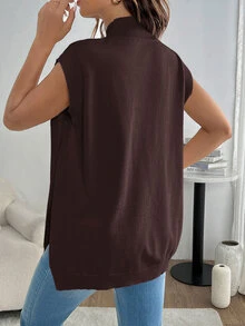 SHEIN Maternity Solid Color Stand Collar Side Slit Hem Casual Knit Vest - Coffee Brown - View 2