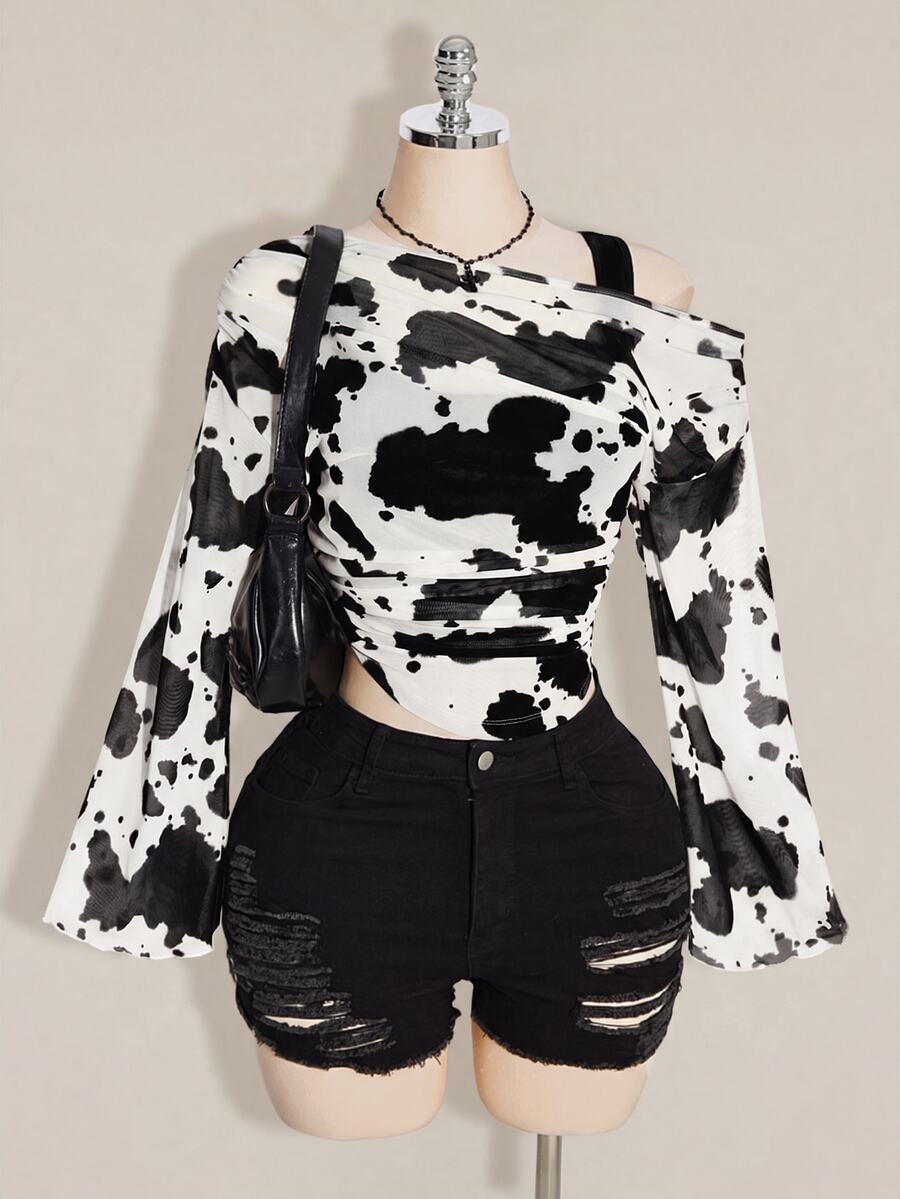 SHEIN ICON 女款大尺碼紮染印花假兩件式上衣 - 黑與白 - 查看 1