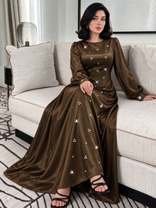 Yasmyna Women Spring Fall Winter Elegant Slim Fit Modest Dark Brown Satin Round Neck Beaded Rhinestone Long Sleeve Fitted Waist Flowy MaxiDressForBanquetParty - Coffee Brown - View 1