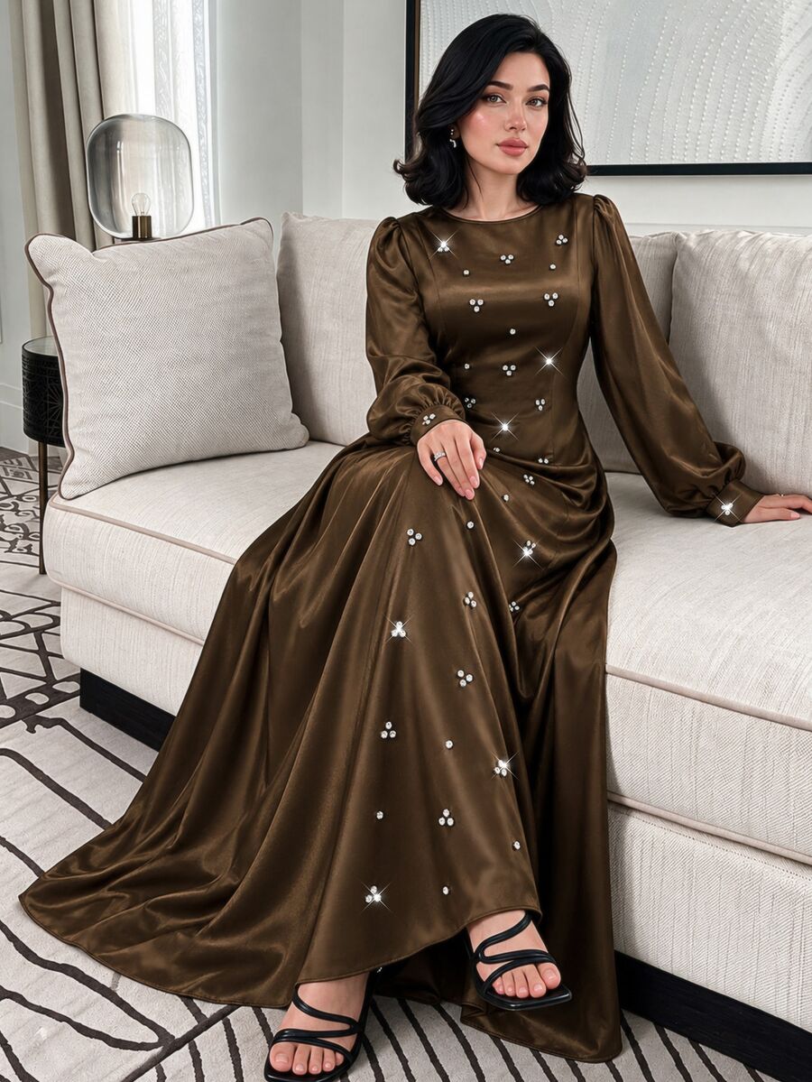 Yasmyna Women Spring Fall Winter Elegant Slim Fit Modest Dark Brown Satin Round Neck Beaded Rhinestone Long Sleeve Fitted Waist Flowy MaxiDressForBanquetParty - Coffee Brown - View 1