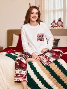 CoupledUp Women's Fashion Christmas Style Printed Long Sleeve Long Pants Comfortable Flannel Fabric Pajama Set - White - View 6