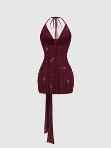 Sweetra Y2K Sexy Textured Fabric Ruched Neck Pleated Crepe Elegant Party Dress - Burgundy - View 2