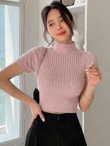 DAZY 女款純色立領休閒日常穿著針織上衣 - 粉色 - 查看 8