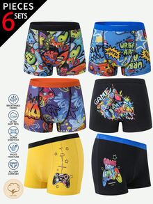 男童內衣 少年男孩 可追溯棉質 舒適可愛 彩色遊戲機遊戲手把圖案 藍色黑色多色多印花 6件組四角內褲 - 彩色 - 查看 1