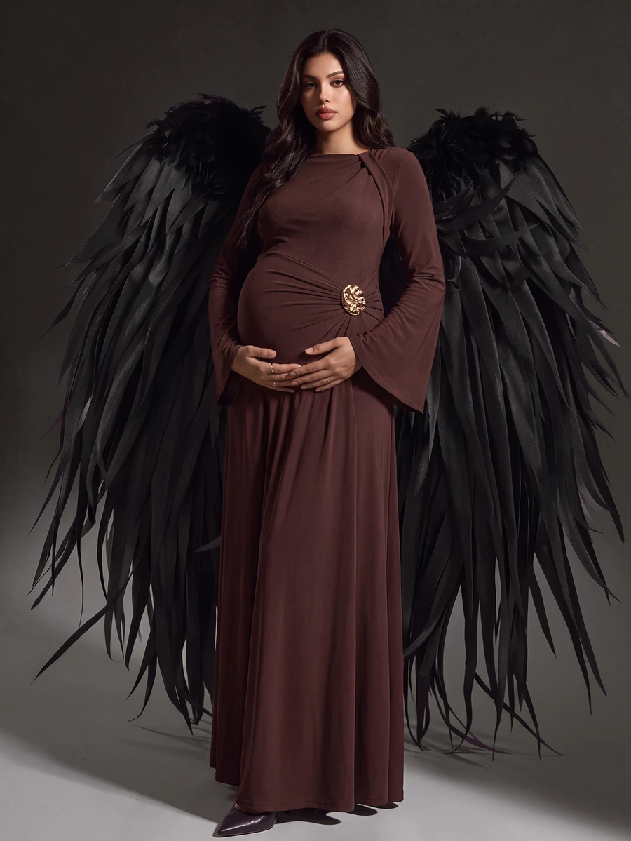 Cheriluna Maternity Elegant Solid Color Thermal Lined Maternity Dress - Coffee Brown - View 1