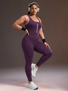Powerista Jumpsuit Olahraga Tanpa Lengan dengan Resleting Depan dan Bagian Belakang Berongga untuk Wanita Ukuran Plus - Purple - View 6