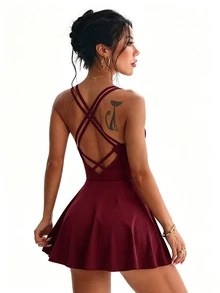 SHEIN Dewbera 女款極簡街頭運動連身裙 - 酒紅色 - 查看 6
