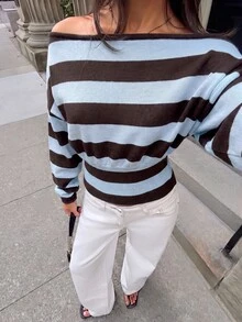 Aloruh Women's Street Style Striped Colorblock Off-Shoulder Sweater - Baby Blue - View 5