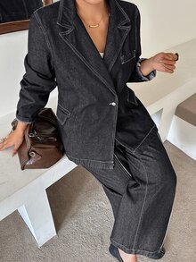 Dazy Plus Loose Long Sleeve Blazer Denim Jacket With Split Line Slimming Long Denim Pants 2 Pieces Set Spring Autumn - Black - View 4