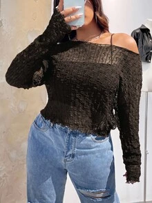 SHEIN EZwear 大尺碼女款街頭紋理長袖上衣 - 巧克力棕 - 查看 4