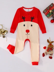 SHEIN Toddler Boys Christmas Cartoon Reindeer Design Fitted One-Piece Pajamas - Multicolor - View 1