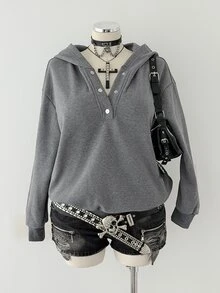 Sunspun Plus Size Button Half-Placket Long Sleeve Hooded Sweatshirt - Dark Grey - View 7