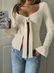 SHEIN EZwear 女款素色百褶休閒百搭日常長袖T恤 - 杏色 - 查看 4