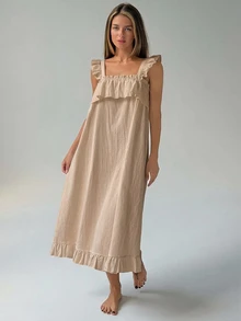 Livesso 女款純色無袖長洋裝，荷葉邊拼接睡袍 - 卡其色 - 查看 8