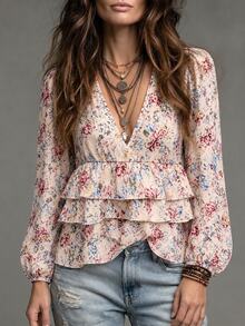 SHEIN Women's Printed Multi-Layer Ruffle Hem Lantern Sleeve Casual Vacation Style Blouse - Apricot - View 1