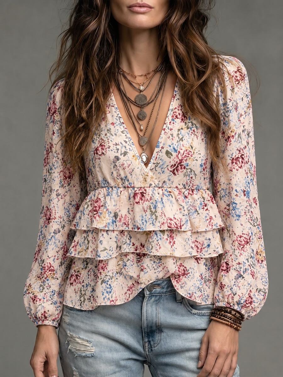 SHEIN Women's Printed Multi-Layer Ruffle Hem Lantern Sleeve Casual Vacation Style Blouse - Apricot - View 1