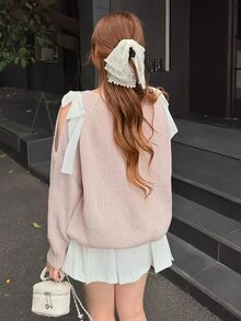 Bijouette Plus Size Women's Shoulder Bow Decor Cutout Design Single-Breasted Knit Cardigan - Pink - View 2