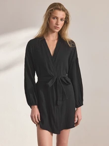 Ocili Leisure Pure Cotton Double Layer Crepe Fabric Minimalist Comfortable Neutral Soft Long Sleeve Robe Pajamas Women's Loungewear - Black - View 4