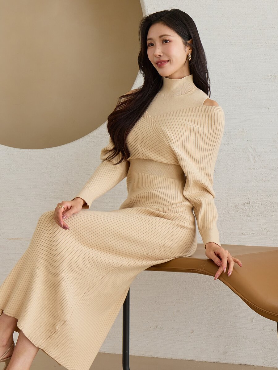 DAZY Women's Solid Color Casual Daily Knit Dress - Apricot - View 1