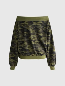 ROMWE Street Life Street Style Camouflage Off-Shoulder Sweatshirt With Badge Decoration For Women - Army Green - View 2