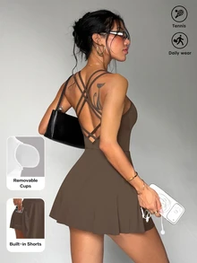 SHEIN Dewbera 女款純色交叉背帶運動洋裝 - 咖啡棕 - 查看 3
