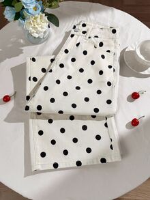 Comfortcana Celana Jeans Denim Wanita Motif Polkadot Model Lebar Longgar dengan Lapisan Termal dan Kantong - Putih - View 2