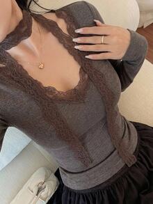 DAZY Women's Solid Color Contrast Lace V-Neck Long Sleeve Slim Fit T-Shirt - Grey - View 2